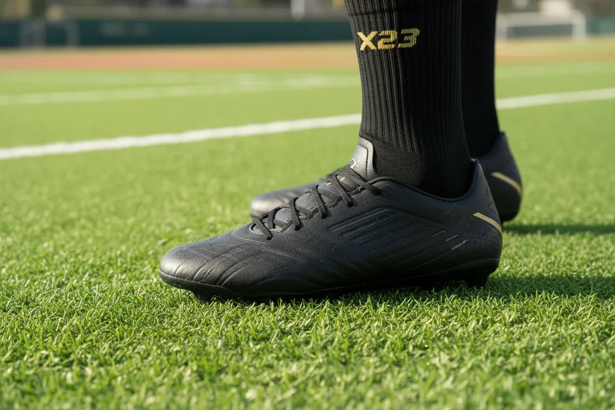 Close-up of black X23 soccer cleats on green turf with black X23 grip socks