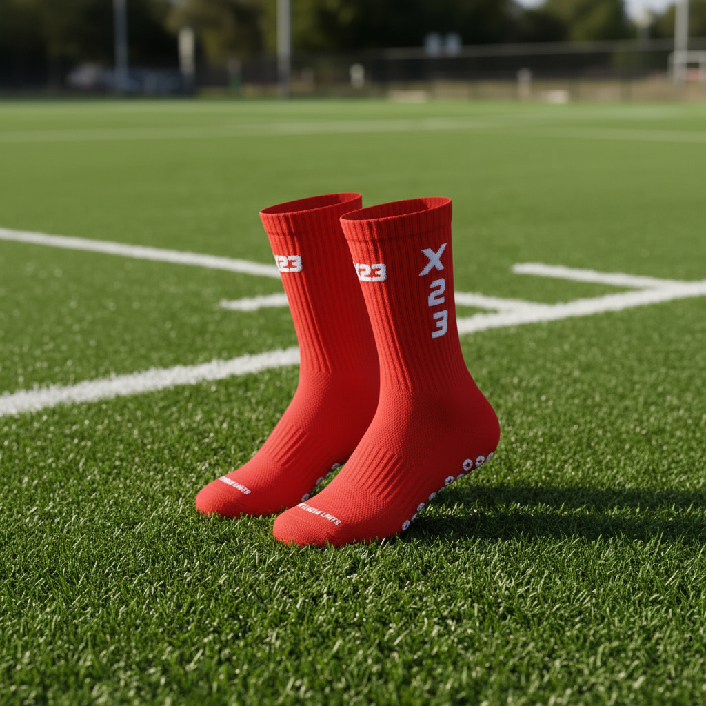 Red X23 Crew Socks with White Grip Dots