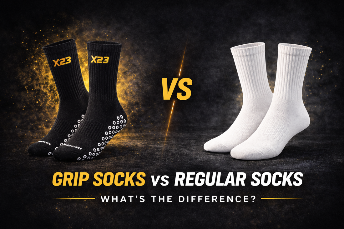 Grip socks vs regular socks comparison showing X23 premium crew grip socks with anti-slip technology