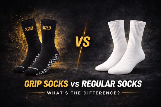Grip socks vs regular socks comparison showing X23 premium crew grip socks with anti-slip technology