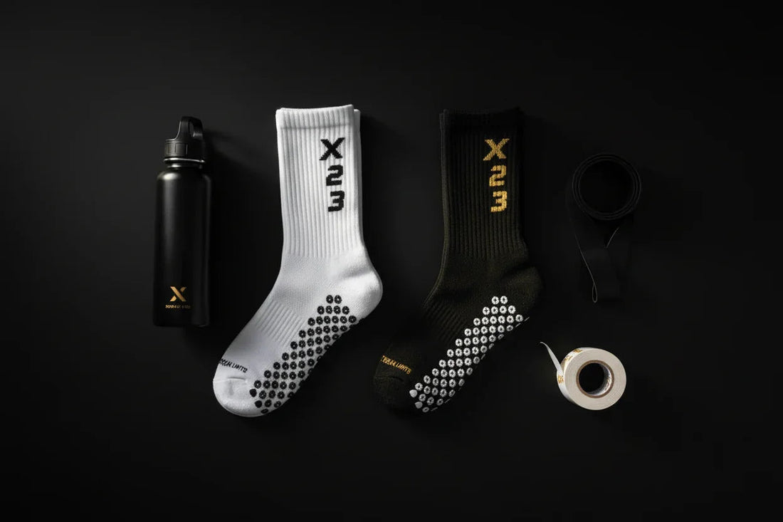 Pre-season gear checklist featuring X23 premium grip socks and essential athletic equipment for athletes