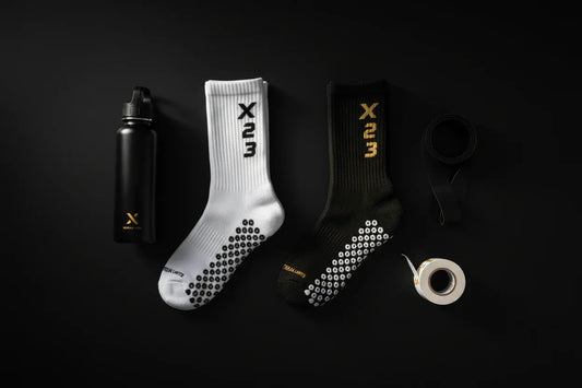 Pre-season gear checklist featuring X23 premium grip socks and essential athletic equipment for athletes