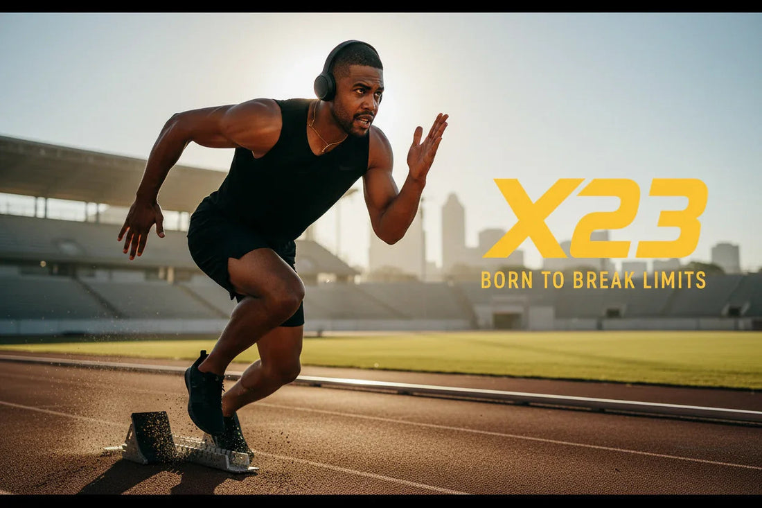 Athlete sprinting on track at sunrise wearing black athletic gear and wireless headphones, X23 Born to Break Limits