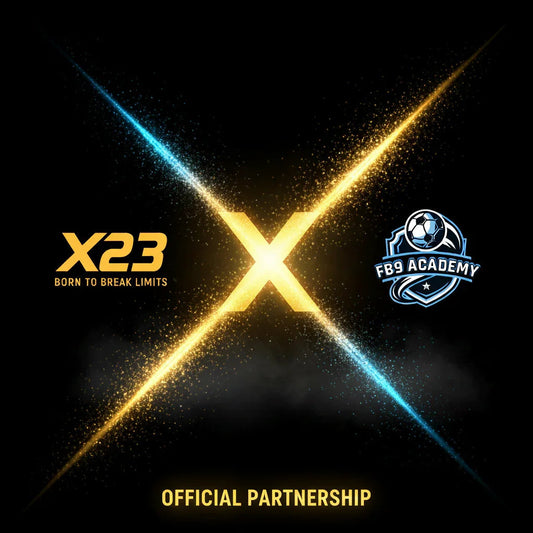 X23 Born to Break Limits and FB9 Academy logos with glowing X and Official Partnership text on black background