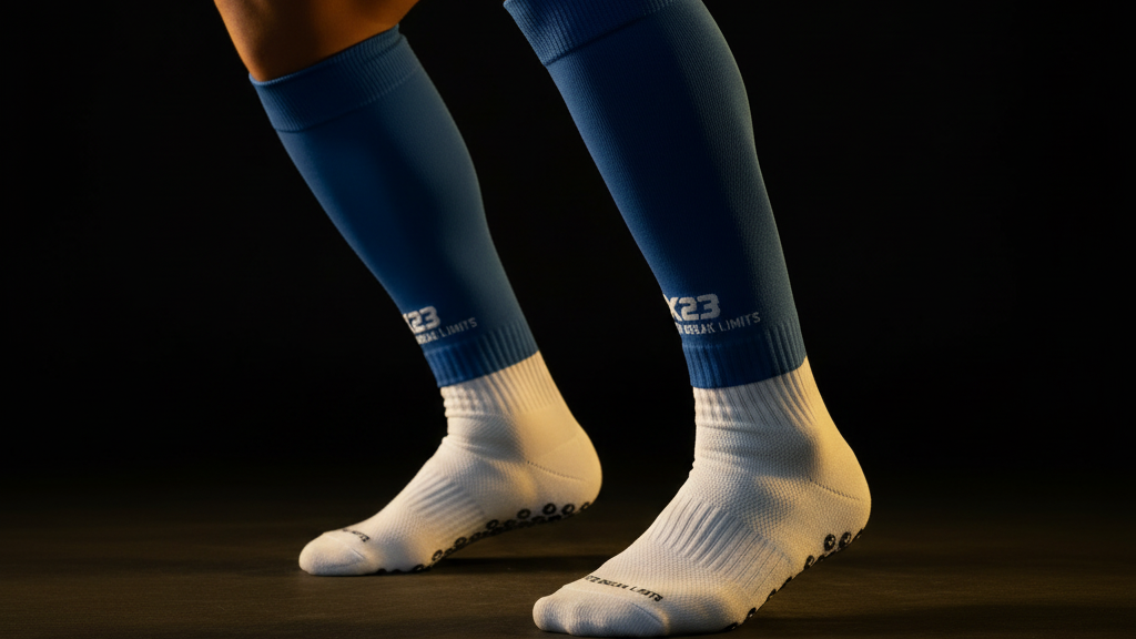 X23 complete performance kit with blue socks and white shoes on a dark background