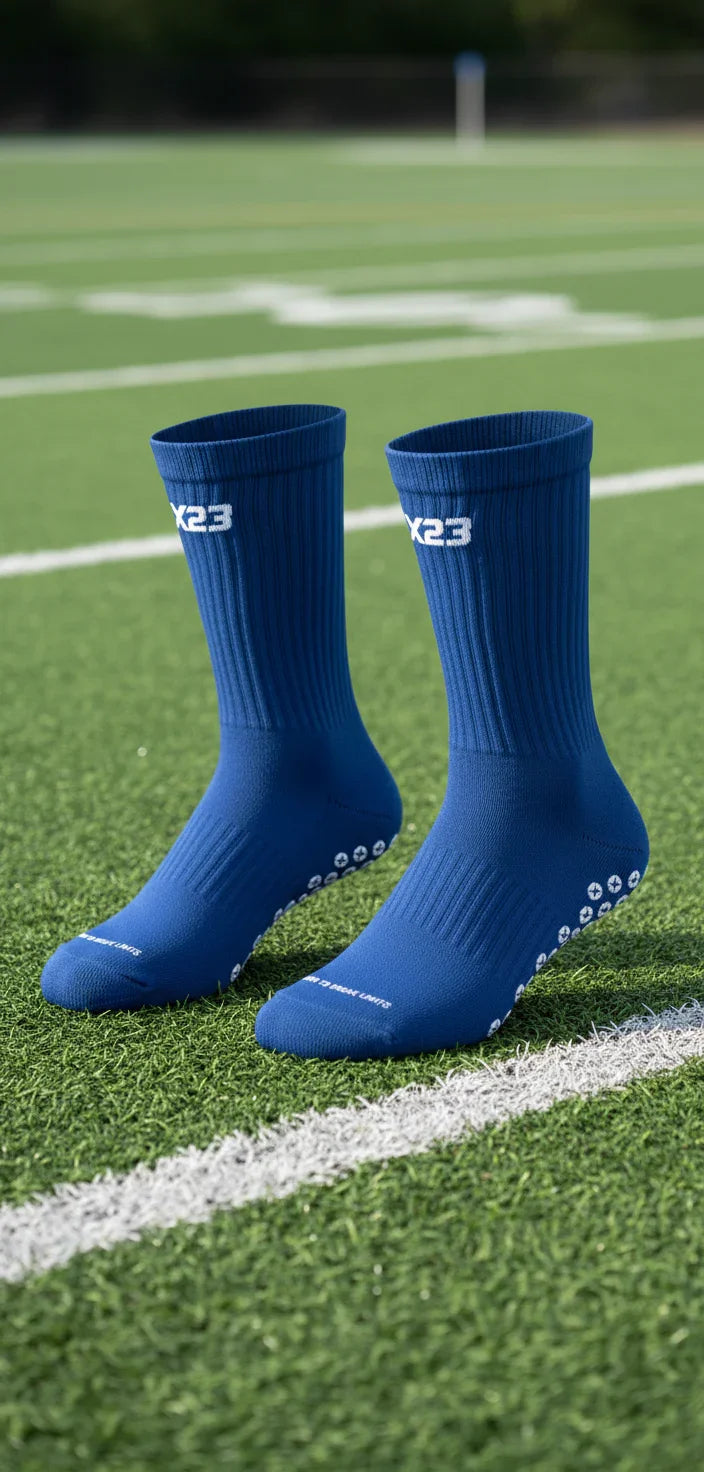 Pair of blue X23 grip socks with high-density traction on green sports field turf