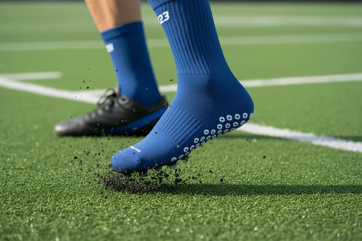 Close-up of blue X23 grip crew socks with white grip dots in action on green turf field