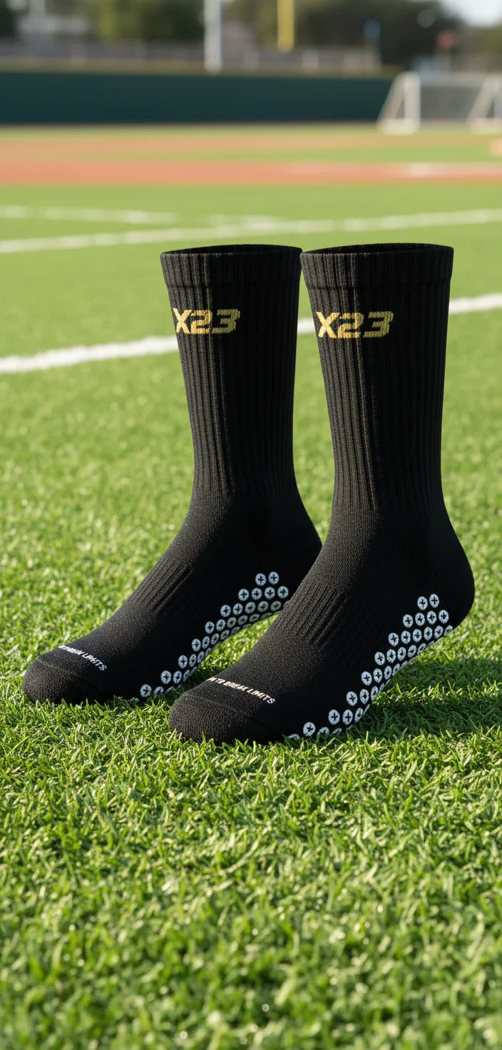 Pair of black X23 grip socks with gold logo and white anti-slip dots on green sports field