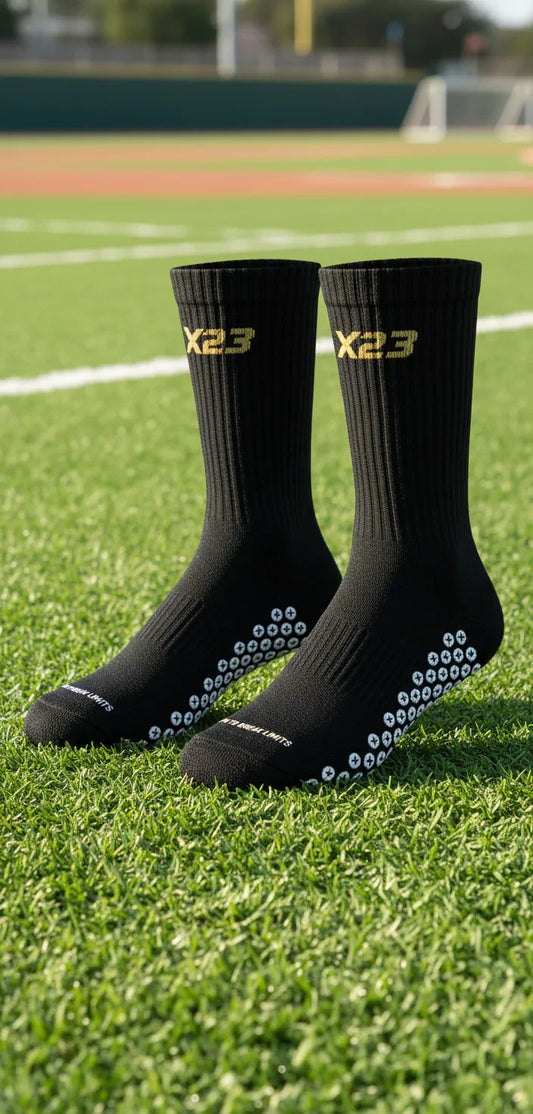 Pair of black X23 grip socks with gold logo and white anti-slip dots on green sports field