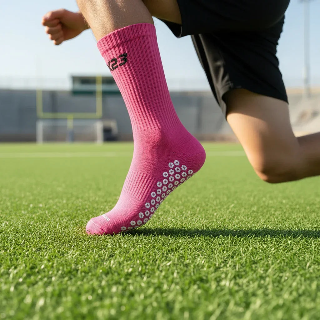 Athlete wearing pink X23 grip socks with white traction dots running on a green sports field