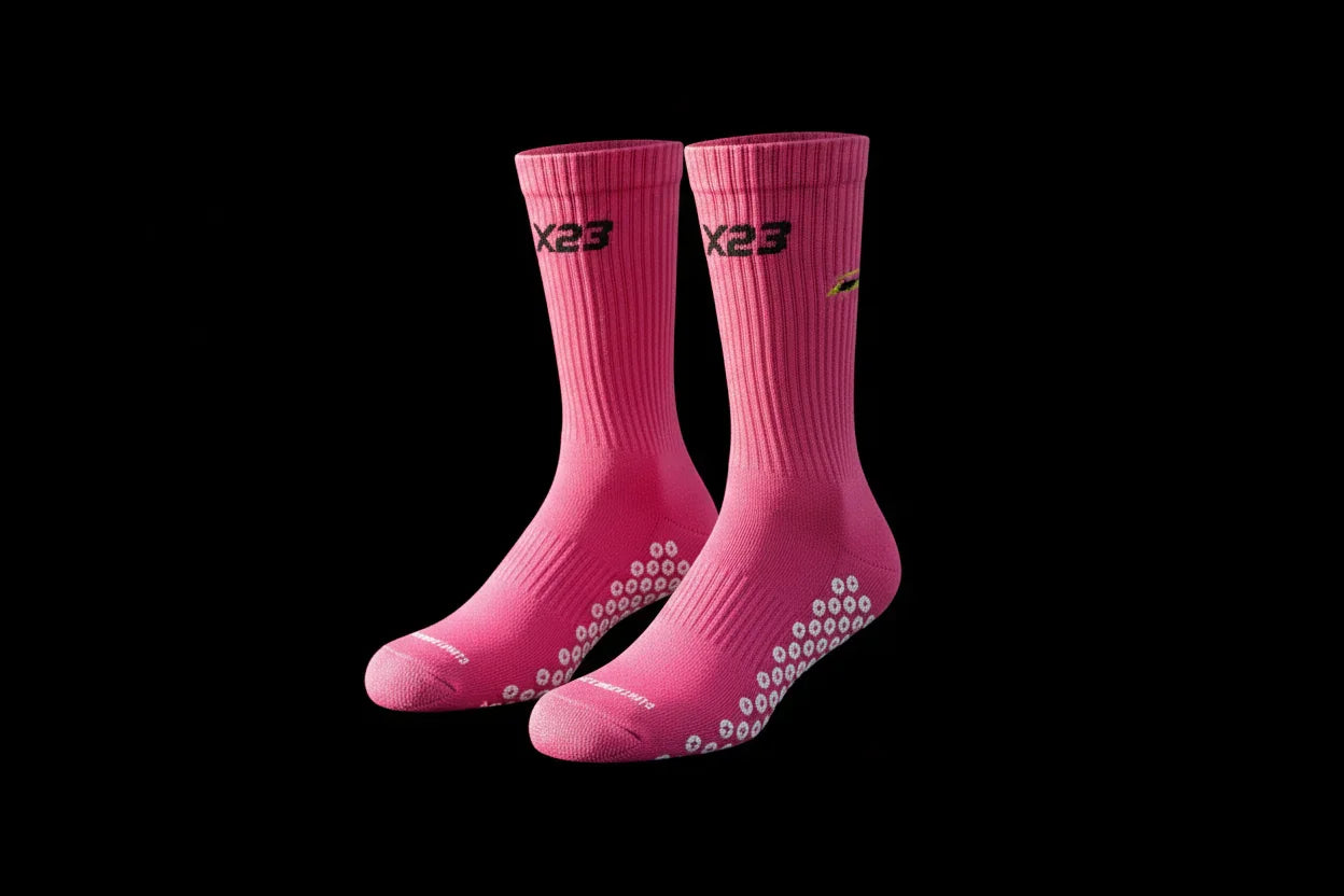 Pair of pink X23 grip socks with high-density white grip zones on sole for anti-slip performance