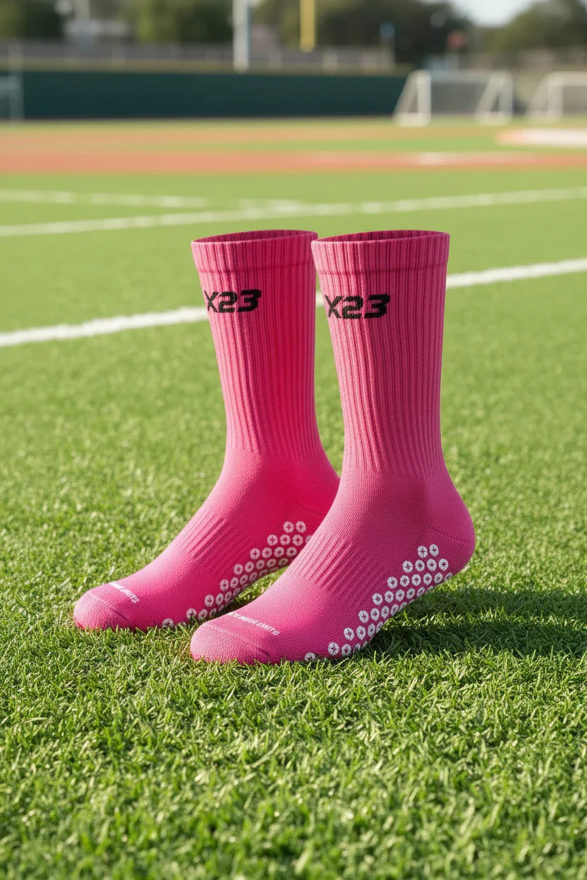 Pair of pink X23 crew grip socks with white anti-slip dots on green sports field turf