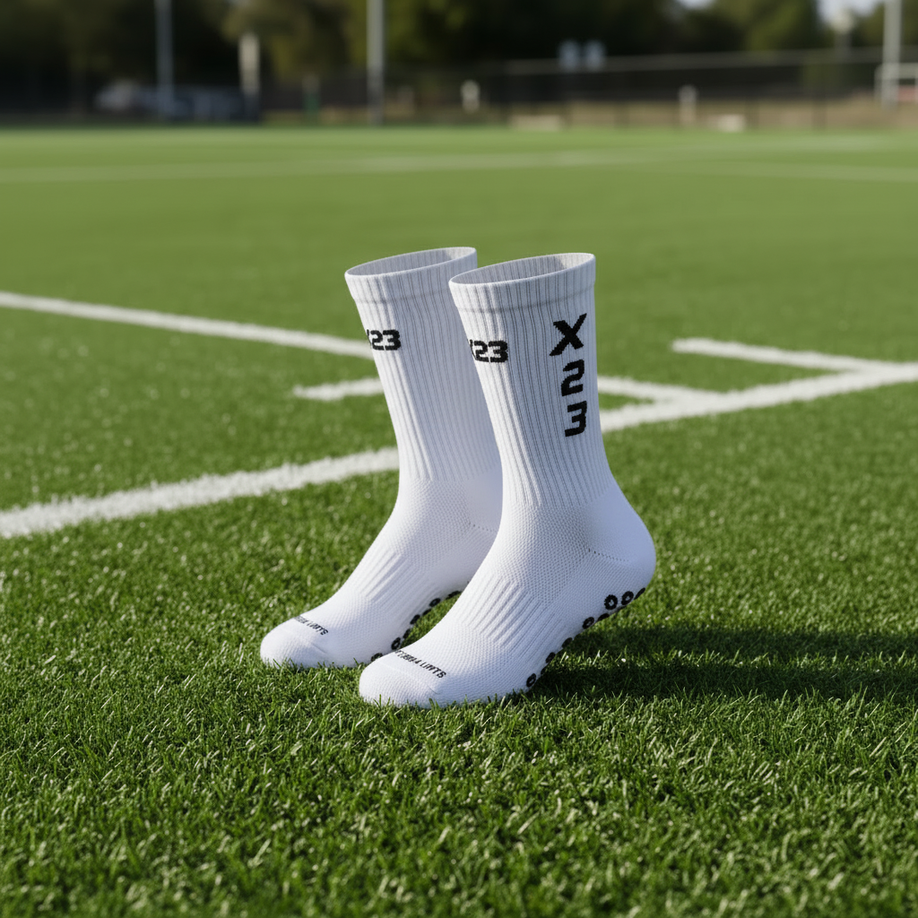 White & Black X23 Crew Socks on Sports Field