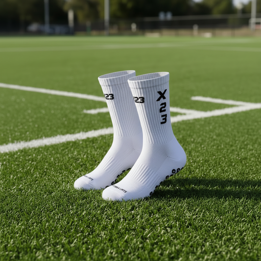 White & Black X23 Crew Socks on Sports Field
