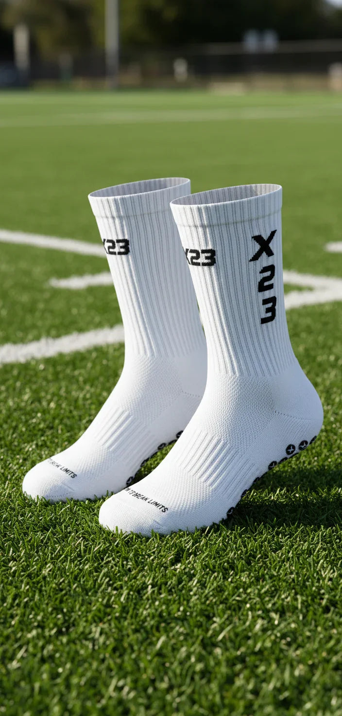 Pair of white X23 crew grip socks on green sports field turf, featuring black branding and anti-slip grips