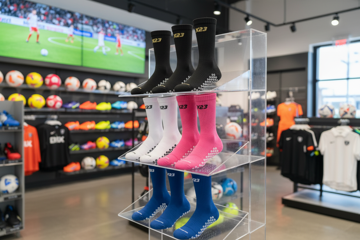 X23 socks display in soccer shop